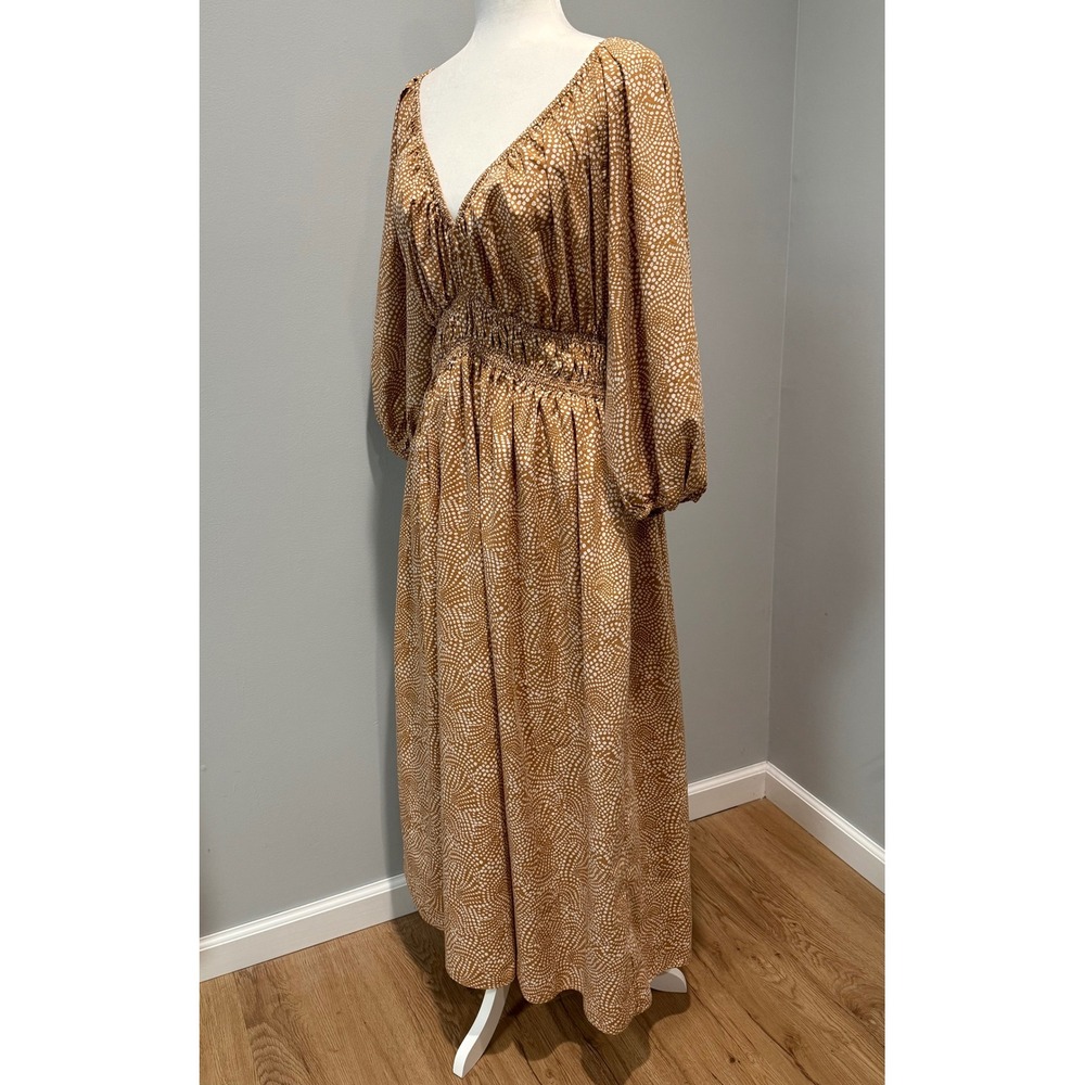 Madewell Vneck Balloon Sleeve Smocked Waist Maxi Dress Dotted Brown White Size 6 - Picture 5 of 12